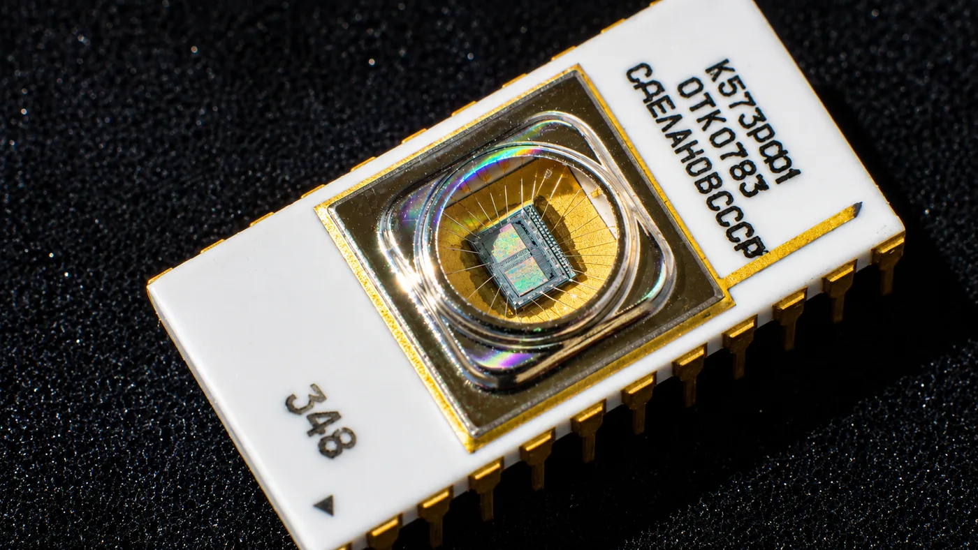 A Soviet К573РФ1 UV-erasable EPROM, its iridescent die shimmering under a round quartz window.